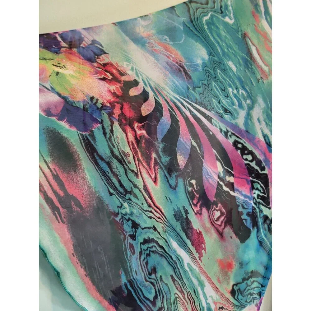 Fairycore Blue Green Chiffon Abstract Floral One Flared Sleeve Flowy Dress Sz 4 - Picture 4 of 8